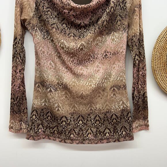 Vintage Y2K 2000s Axcess Brown Pink Draped Neck Long Sleeve Top Boho Small - Picture 5 of 6